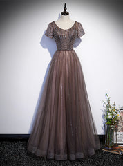 Brown Tulle V-neck Short Sleeve Beading Sequins Prom Dress