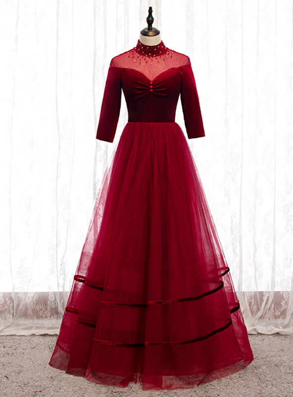 Burgund Tulle Velvet Half Sleeve Beading Prom Dress