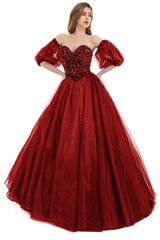 Burgunday Tulle Sequins Sweetheart Prom Dresses Spaghetti Straps Evening Quinceanera Dresses