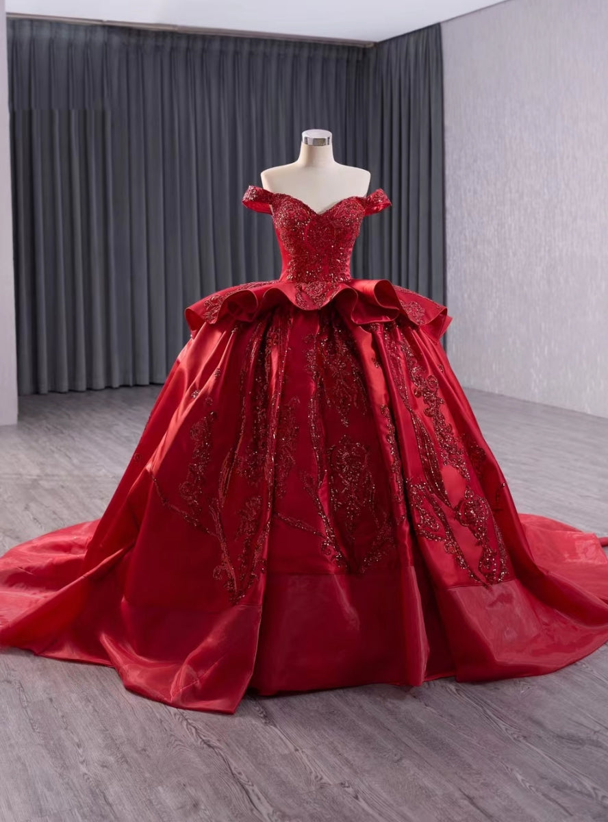 Burgundy Ball Gown Satin Sequins Prom Dress