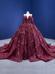 Burgundy Ball Gown Tulle Sequins Long Sleeve Prom Dress