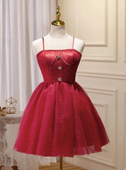 Burgundy Lace Spaghetti Straps Homecoming Dress