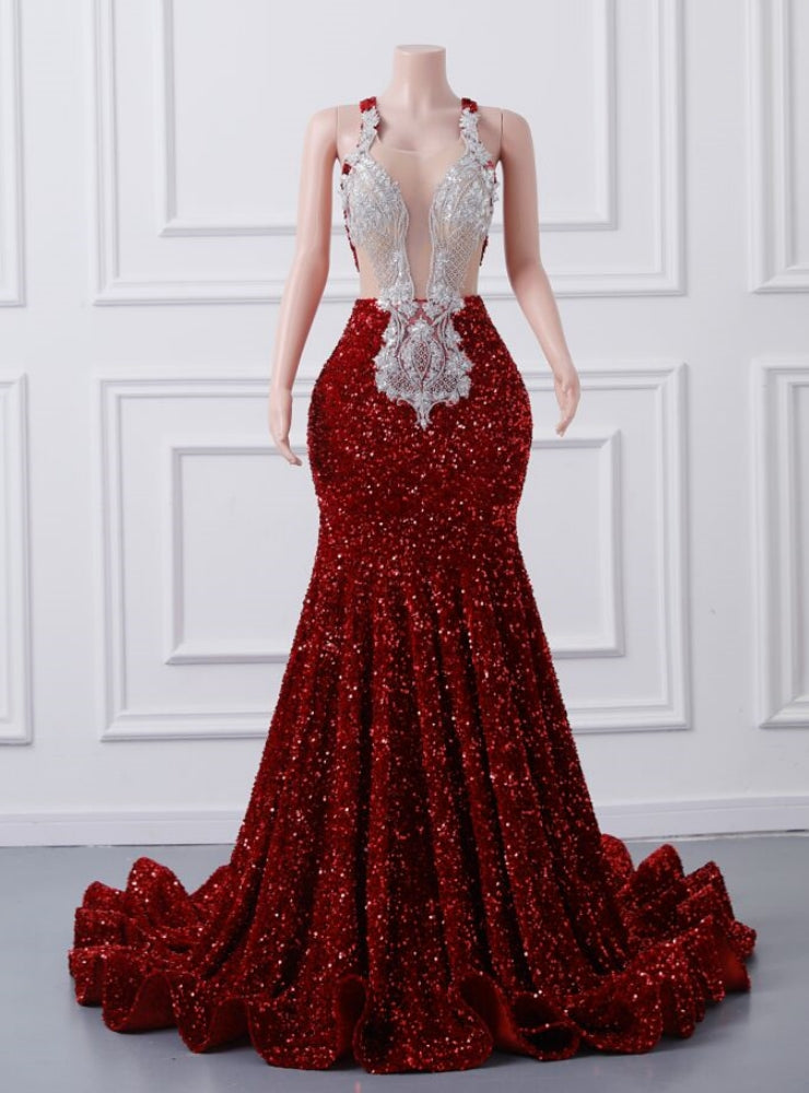 Burgundy Mermaid Sequins Appliques Backless Prom Dress