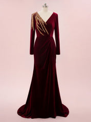 Burgundy Mermaid Velvet Long Sleeve Beading Prom Dress