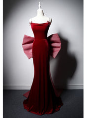 Burgundy Mermaid Velvet Straps Prom Dress With Bow