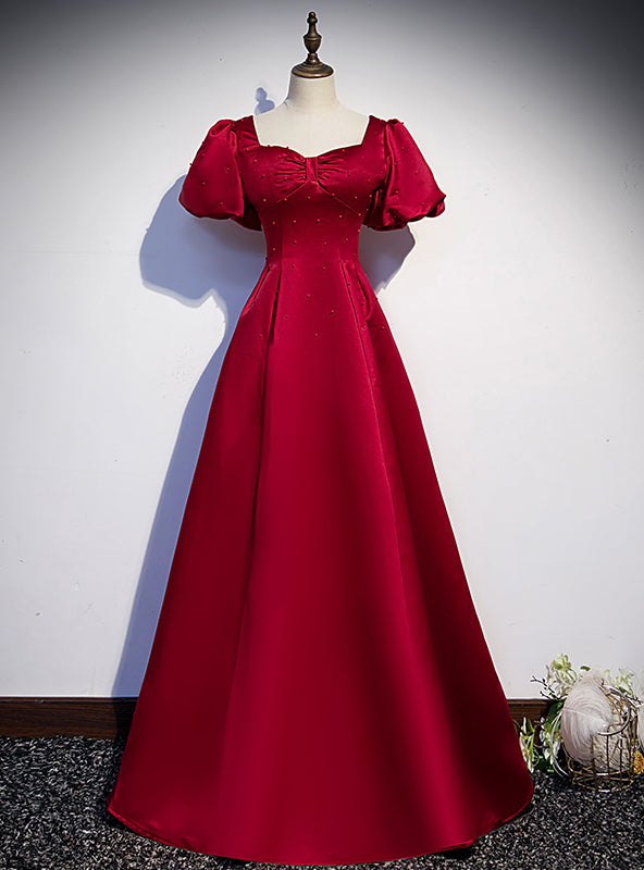 Burgundy Satin Backless Puff Sleeve Beading Prom Dress