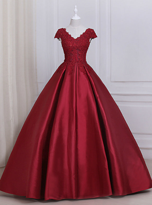 Burgundy Satin Lace Applique Scoop Neckline Long Prom Dress