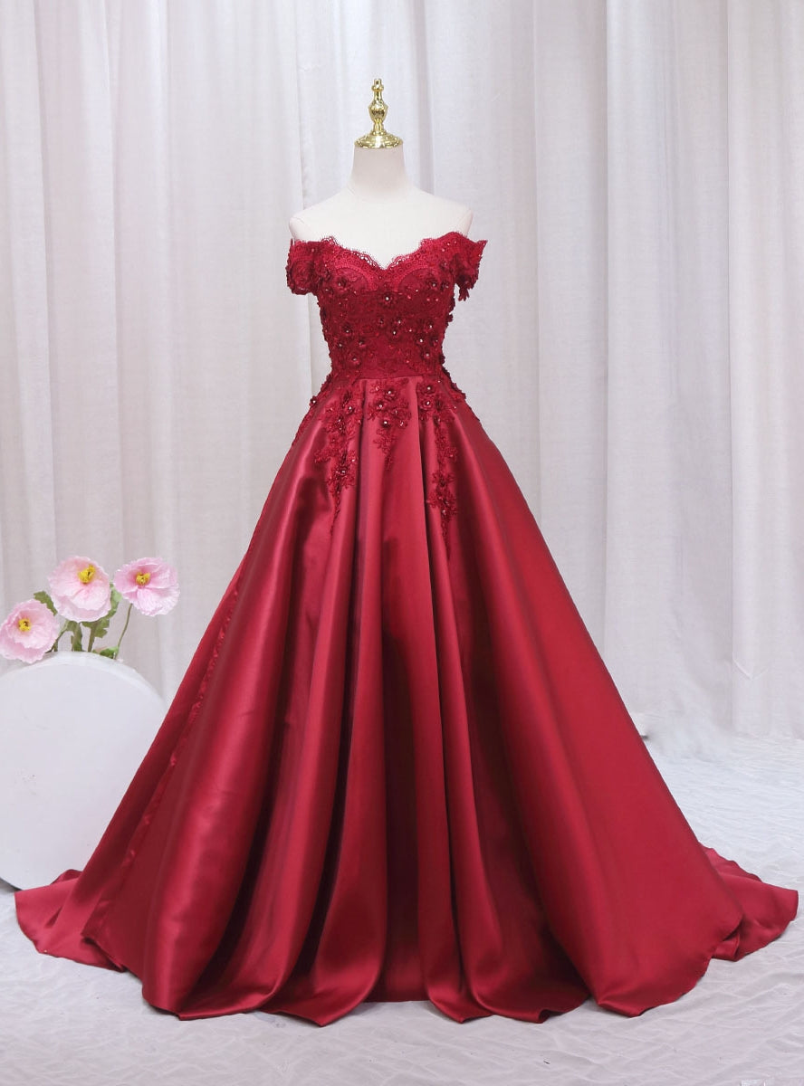 Burgundy Satin Off the Shoulder Appliques Prom Dress