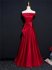 Burgundy Satin Off the Shoulder Bow Prom Dress