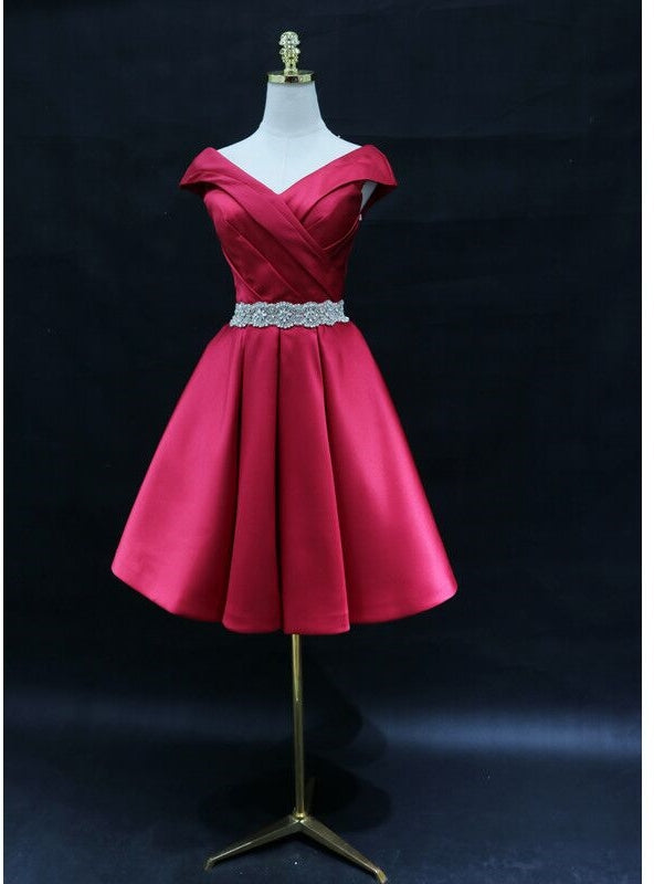 Burgundy Satin Off the Shoulder Pleats Beading Homecoming Dress