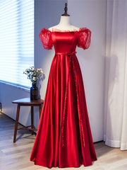 Burgundy Satin Off the Shoulder Puff Sleeve Beading Prom Dress