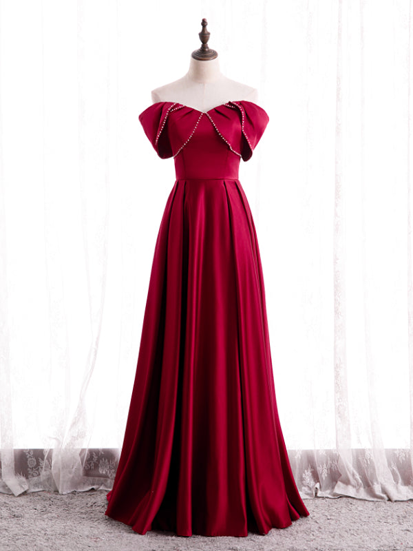 Burgundy Satin Pleats Off the Shoulder Pearls Prom Dress