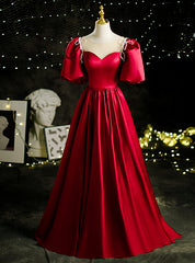 Burgundy Satin Puff Sleeve Beading Prom Dress