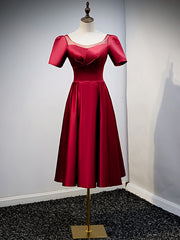 Burgundy Satin Short Sleeve Tea Length Prom Dress