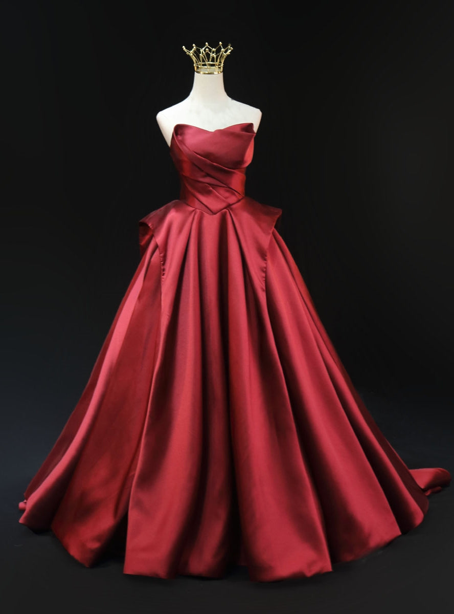 Burgundy Satin Srapless Pleats Prom Dress