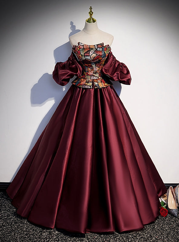 Burgundy Satin Strapless Prom Dress