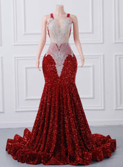 Burgundy Sequins Mermaid Lace Prom Dress