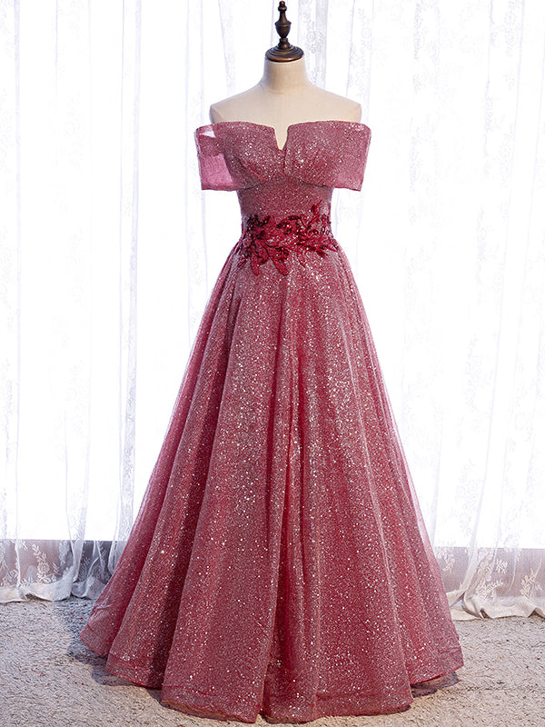 Burgundy Sequins Off the Shoulder Appliques Prom Dress