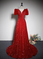 Burgundy Sequins Puff Sleeve Prom Dress With Bow