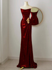 Burgundy Sequins Strapless Pleats Prom Dress