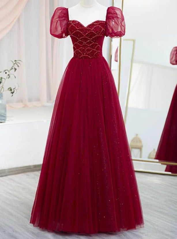 Burgundy Sequins Tulle Puff Sleeve Beading Prom Dress