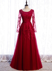 Burgundy Tulle Appliques Long Sleeve Prom Dress