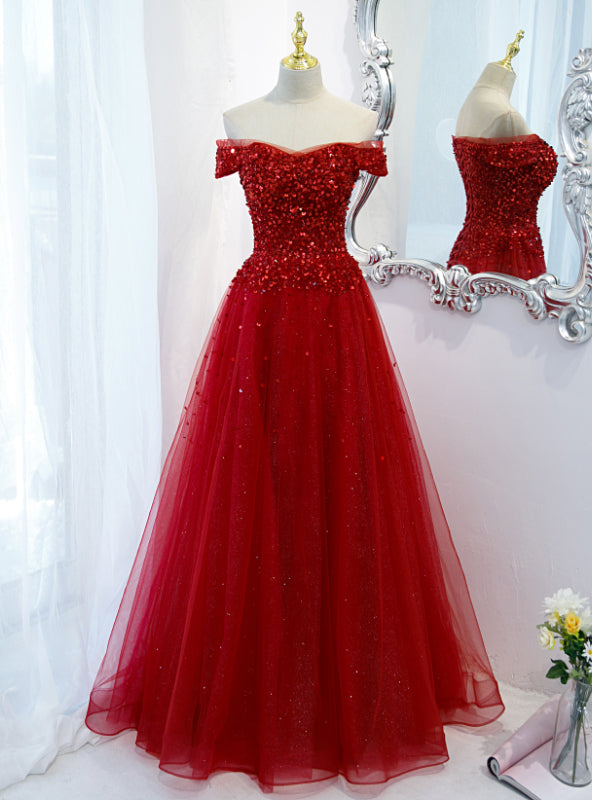 Burgundy Tulle Beading Sequins Off the Shoulder Prom Dress