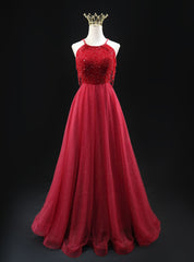 Burgundy Tulle Halter Beading Prom Dress