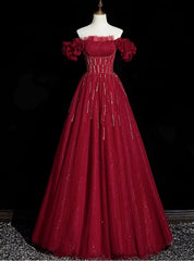 Burgundy Tulle Off the Shoulder Beading Pleats Prom Dress