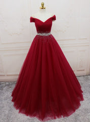 Burgundy Tulle Off the Shoulder Pleats Beading Prom Dress