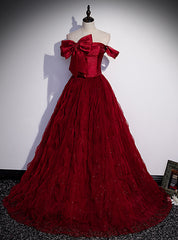 Burgundy Tulle Off the Shoulder Pleats Bow Prom Dress