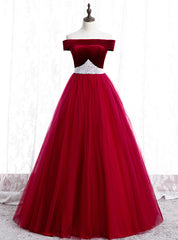 Burgundy Tulle Off the Shoulder Prom Dress With Pearls 2020