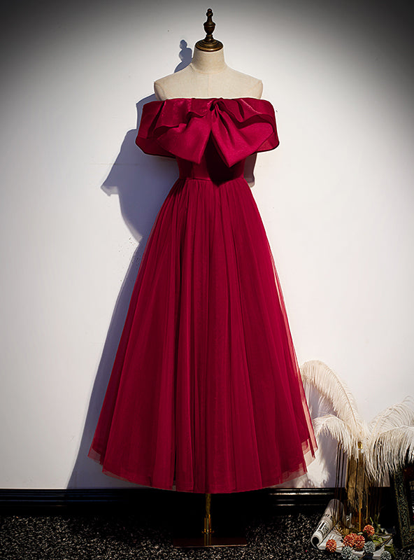 Burgundy Tulle Off the Shoulder Prom Dress