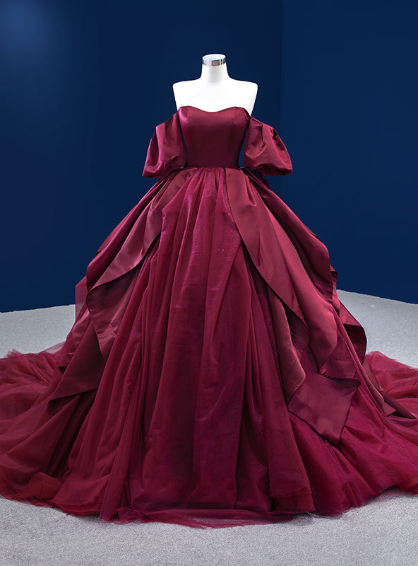 Burgundy Tulle Satin Puff Sleeve Prom Dress