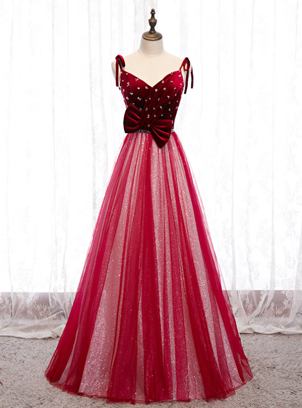 Burgundy Tulle Sequins Velvet V-neck Beading Prom Dress