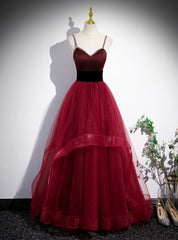 Burgundy Tulle Spaghetti Straps Backless Prom Dress