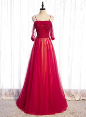 Burgundy Tulle Spaghetti Straps Beading Pleats Prom Dress