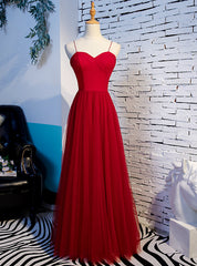 Burgundy Tulle Spaghetti Straps Long Prom Dress