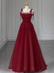 Burgundy Tulle Straps Beading Prom Dress