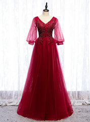 Burgundy Tulle V-neck Puff Sleeve Beading Prom Dress