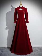 Burgundy Velvet Long Sleeve Prom Dress