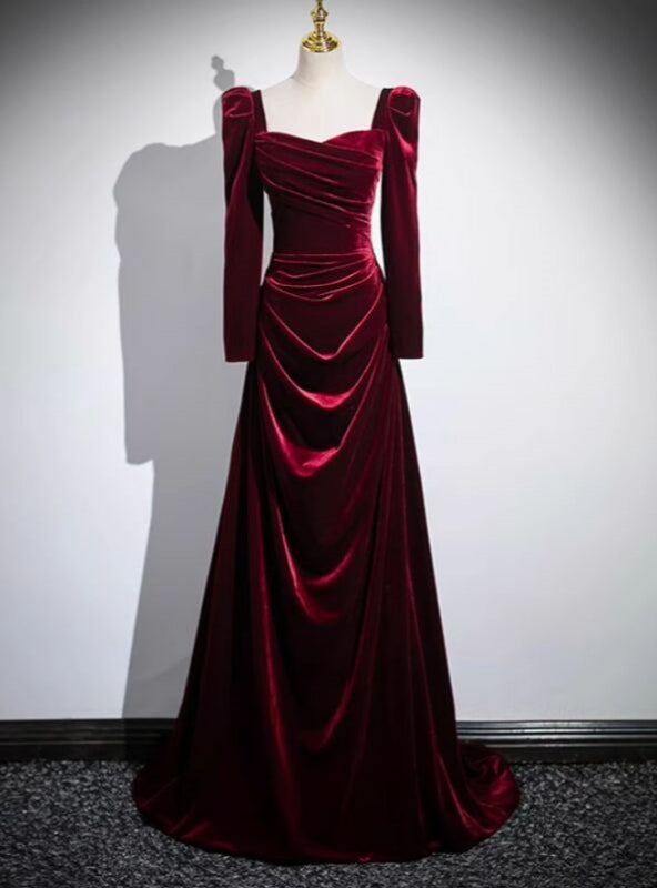 Burgundy Velvet Long Sleeve Square Neck Pleats Prom Dress