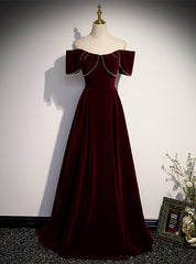 Burgundy Velvet Off the Shoulder Pearls Prom Dress