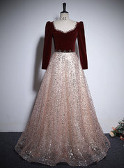 Burgundy Velvet Sequins Long Sleeve Beading Prom Dress