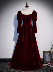 Burgundy Velvet Square Bow Long Sleeve Prom Dress