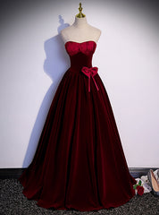 Burgundy Velvet Strapless Prom Dress