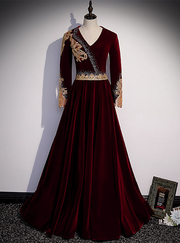 Burgundy Velvet V-neck Long Sleeve Gold Beading Prom Dress