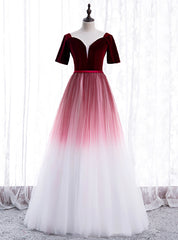 Burgundy White Tulle Velvet Short Sleeve Prom Dress