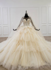 Champagne Ball Gown Tulle Long Sleeve Tiers Beading Wedding Dress