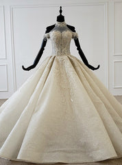 Champagne Ball Gown Tulle Sequins Halter Beading Wedding Dress